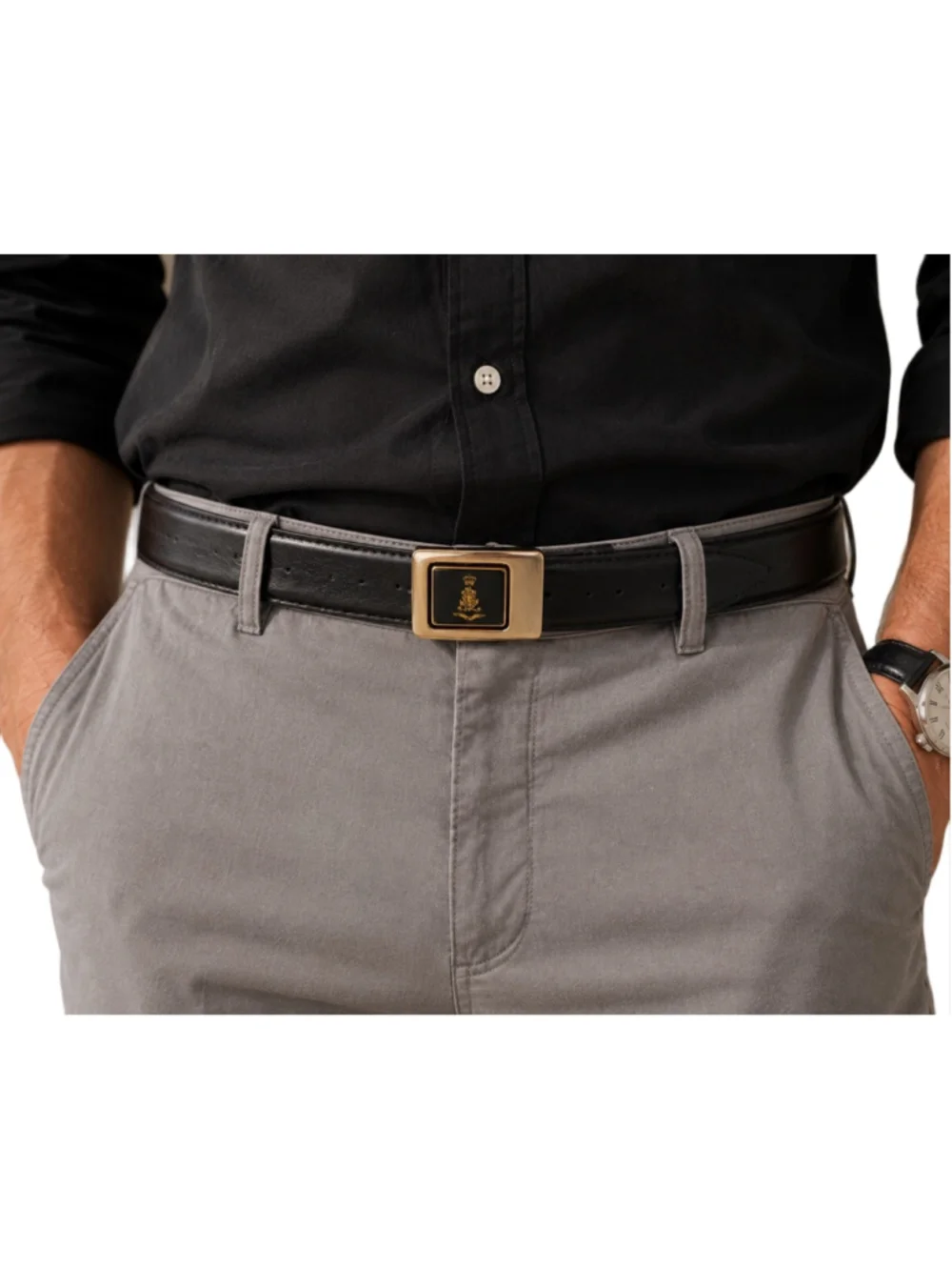 Sporrong Sweden Black Leather Dress Belt Swedish Crown Crest Buckle Size 38-40